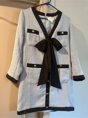 Pomander Place Light Blue Tweed Dress with Black Trim and Bow